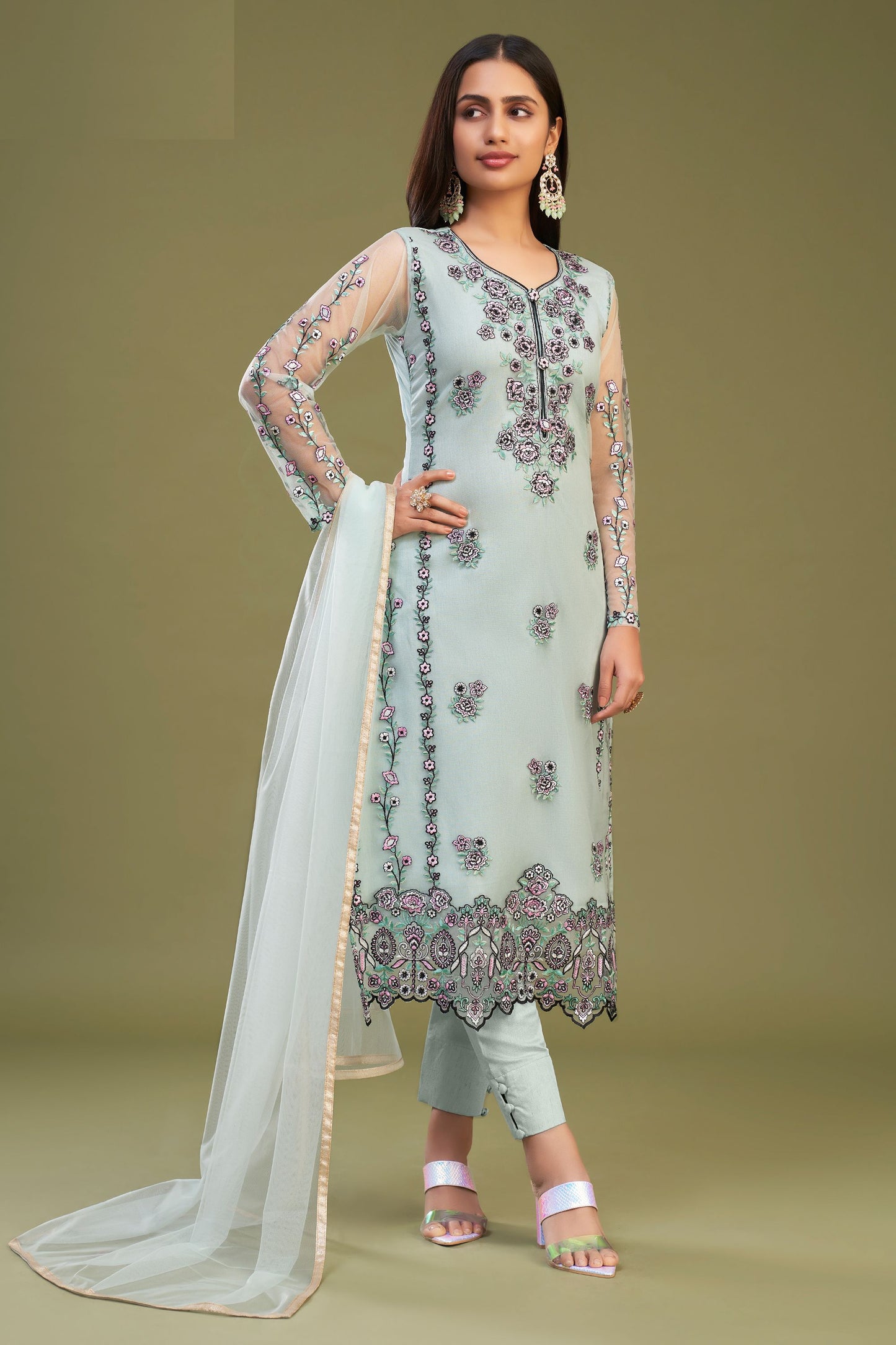 Light Green Net Pakistani Salwar Kameez Suit For Indian Festivals & Weddings - Thread Embroidery Work