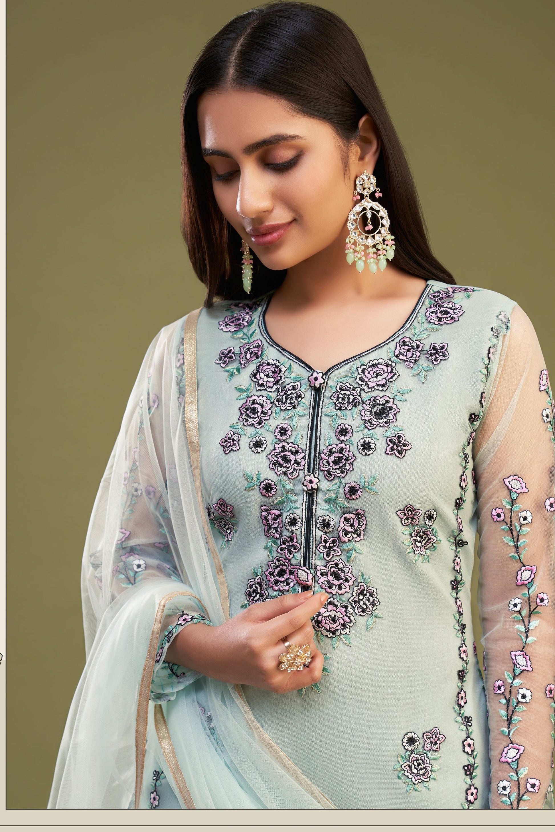 Light Green Net Pakistani Salwar Kameez Suit For Indian Festivals & Weddings - Thread Embroidery Work