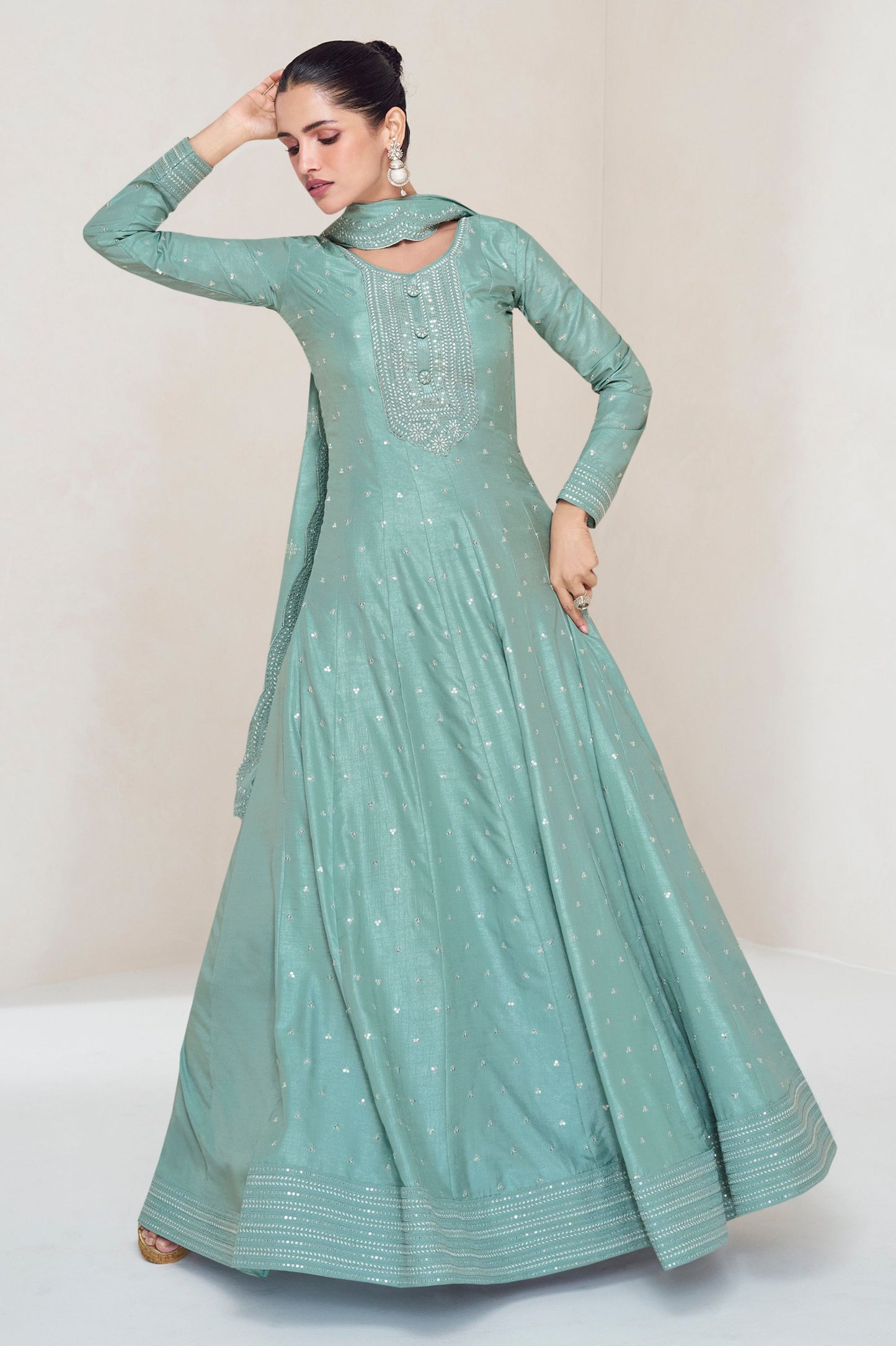 Light Green Silk Anarkali Gown Suit For Indian Festivals & Weddings - Embroidery Work