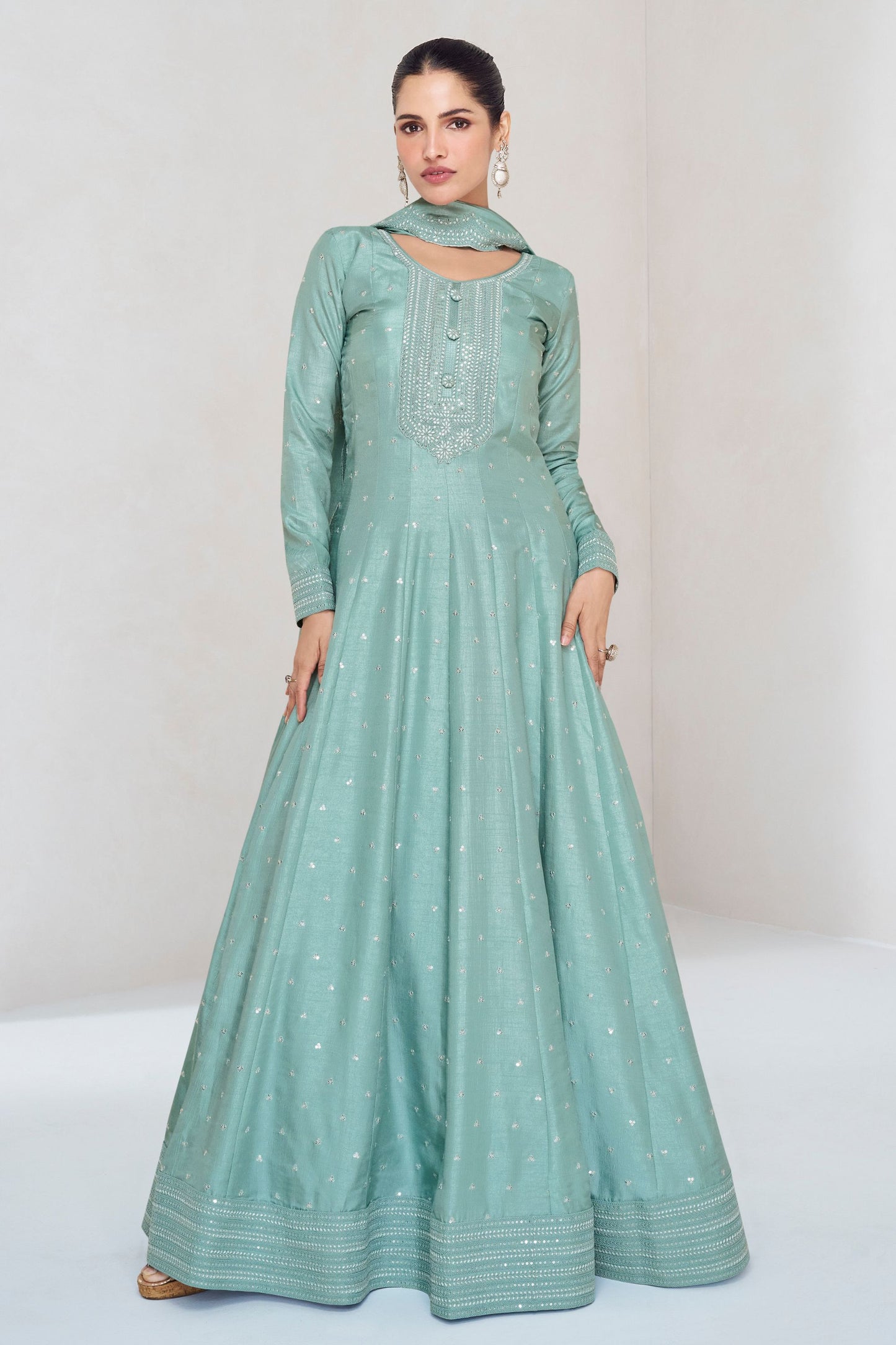 Light Green Silk Anarkali Gown Suit For Indian Festivals & Weddings - Embroidery Work