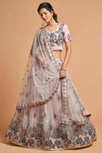 Light Grey Net Partywear Lehenga Choli For Indian & Pakistani Wedding Festival - Sequins & Thread Embroidery Work, Zari Work, Dori Work