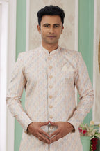 Light Orange Jacquard Silk Indo Western Clothes for Men with Weaving Work