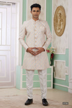 Light Orange Jacquard Silk Indo Western Clothes for Men with Weaving Work