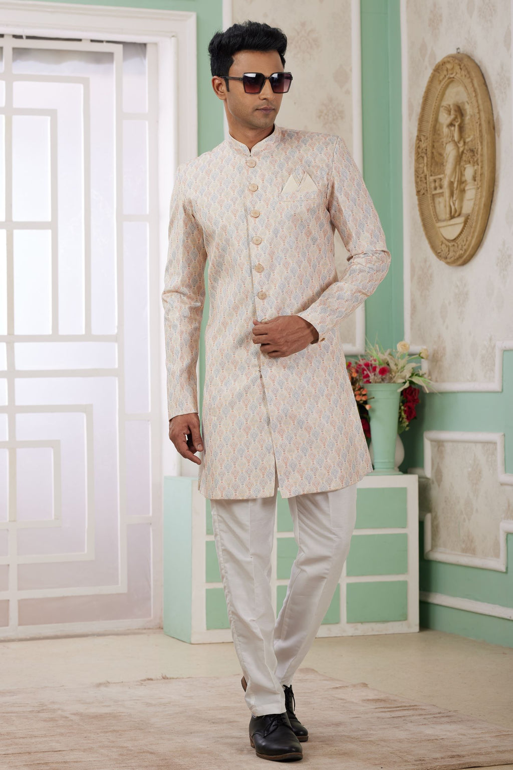 Light Orange Jacquard Silk Indo Western Clothes for Men with Weaving Work