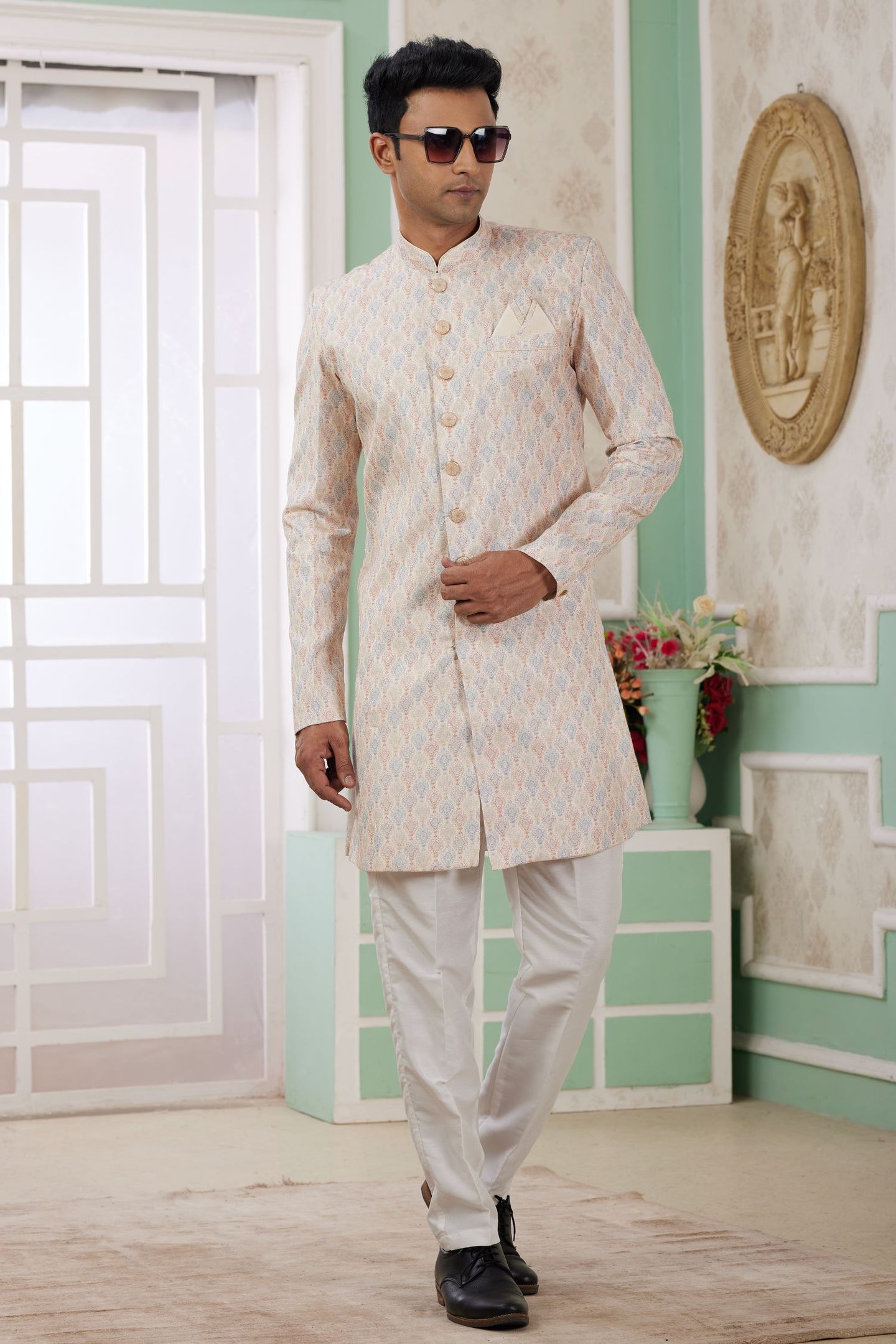 Light Orange Jacquard Silk Indo Western Clothes for Men with Weaving Work