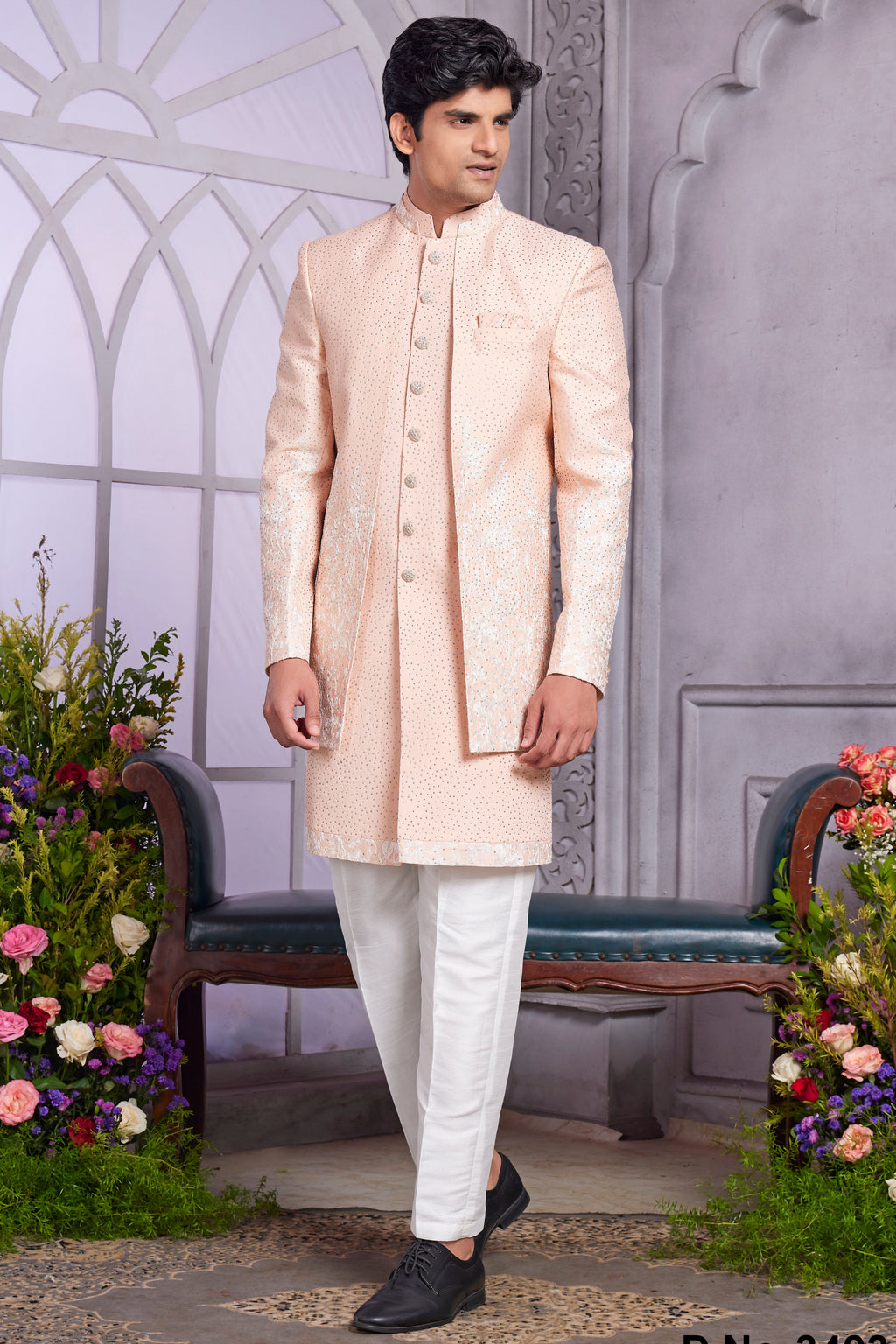 Light Peach Art Silk Indo Western Traditional Sherwani Kurta with Jacket & Pant for Men for Wedding - Embroidery Work