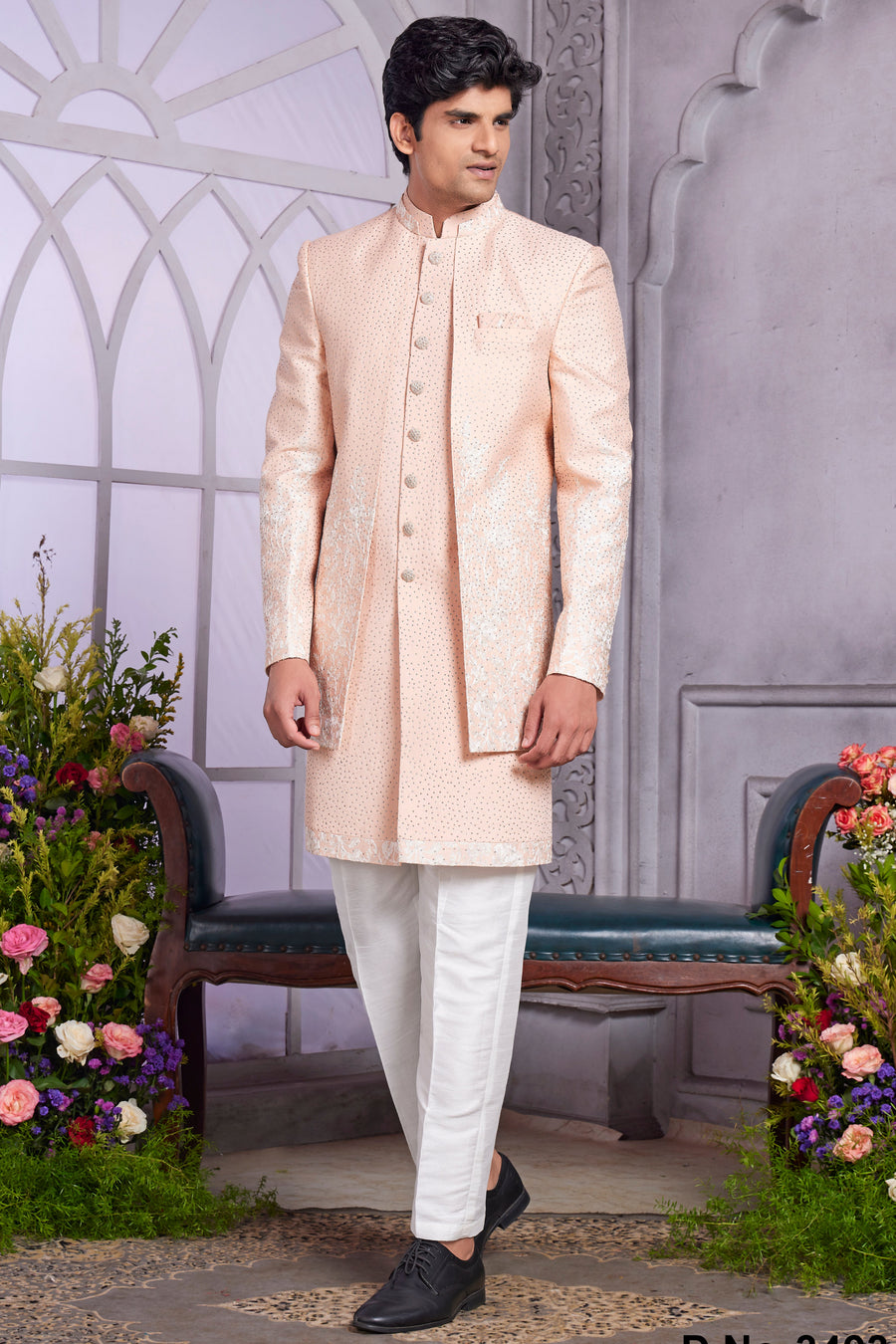 Light Peach Art Silk Indo Western Traditional Sherwani Kurta with Jacket & Pant for Men for Wedding - Embroidery Work