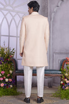 Light Peach Art Silk Indo Western Traditional Sherwani Kurta with Jacket & Pant for Men for Wedding - Embroidery Work