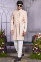 Light Peach Art Silk Indo Western Traditional Sherwani Kurta with Jacket & Pant for Men for Wedding - Embroidery Work