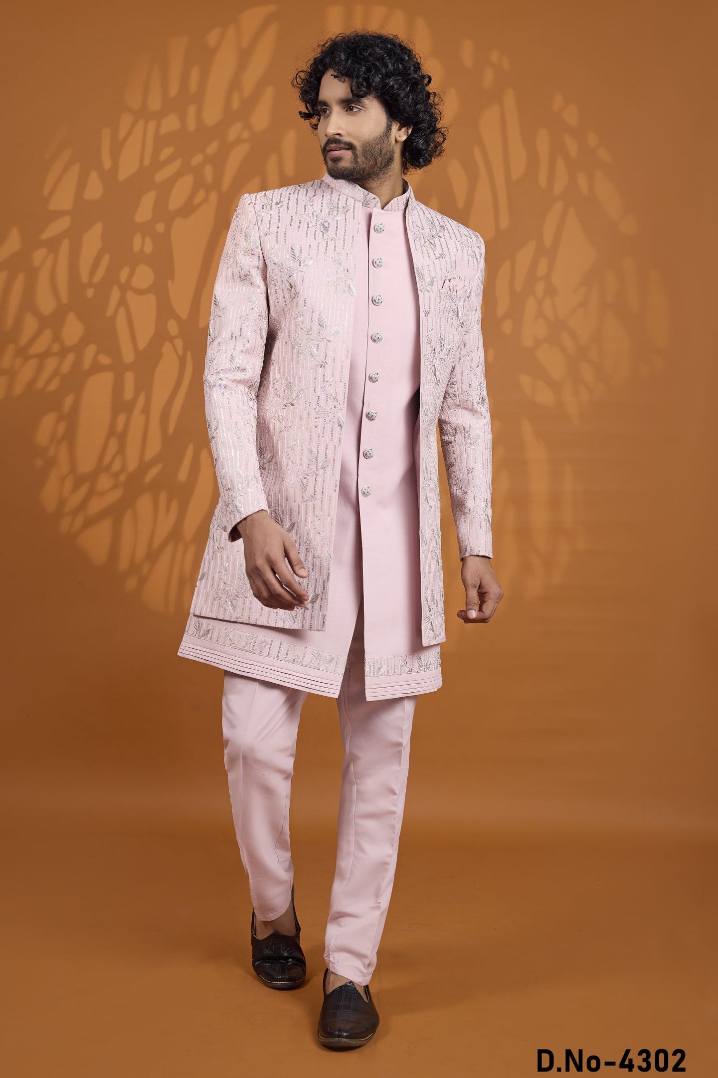 Light Pink 3 Piece Sherwani for Men Wedding with Thread Work