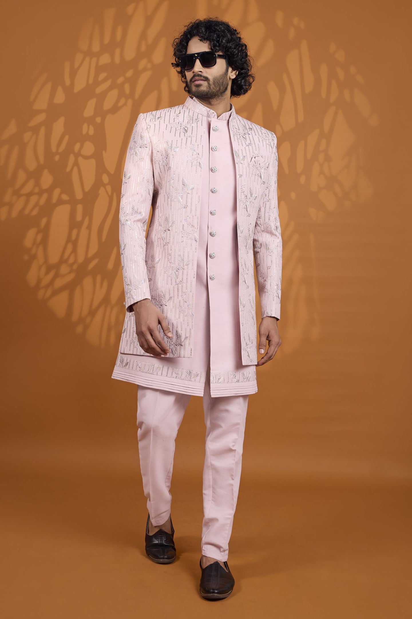 Light Pink 3 Piece Sherwani for Men Wedding with Thread Work