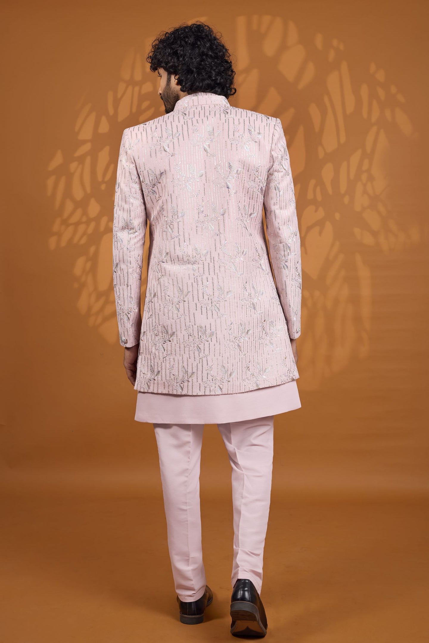 Light Pink 3 Piece Sherwani for Men Wedding with Thread Work
