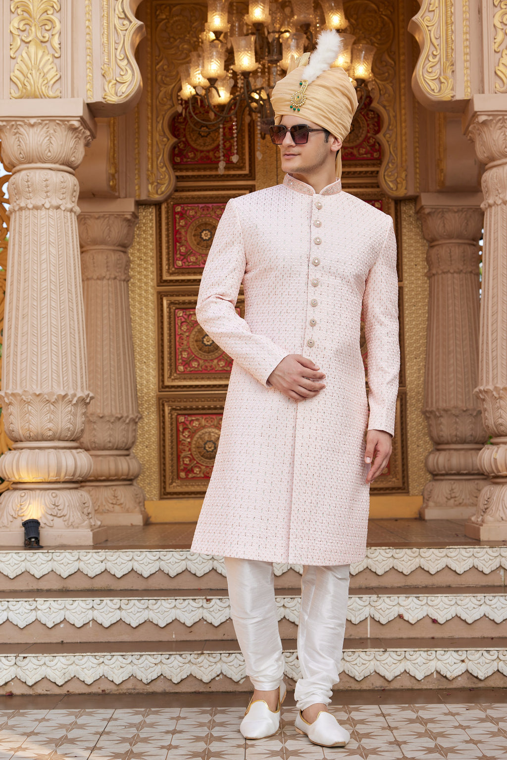 Light Pink Art Silk Traditional Sherwani Long Kurta & Pant for Men for Wedding - Embroidery Work