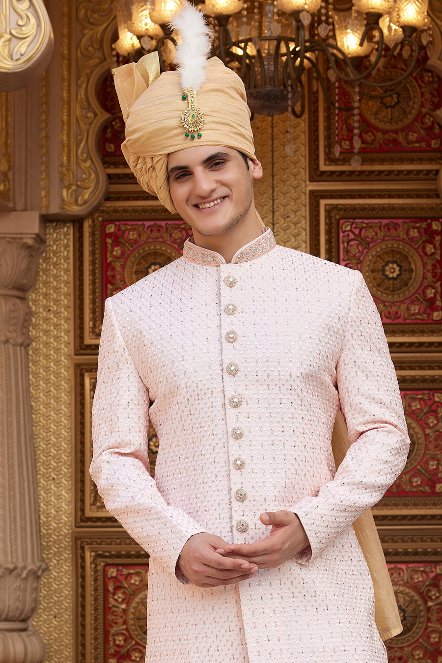 Light Pink Art Silk Traditional Sherwani Long Kurta & Pant for Men for Wedding - Embroidery Work