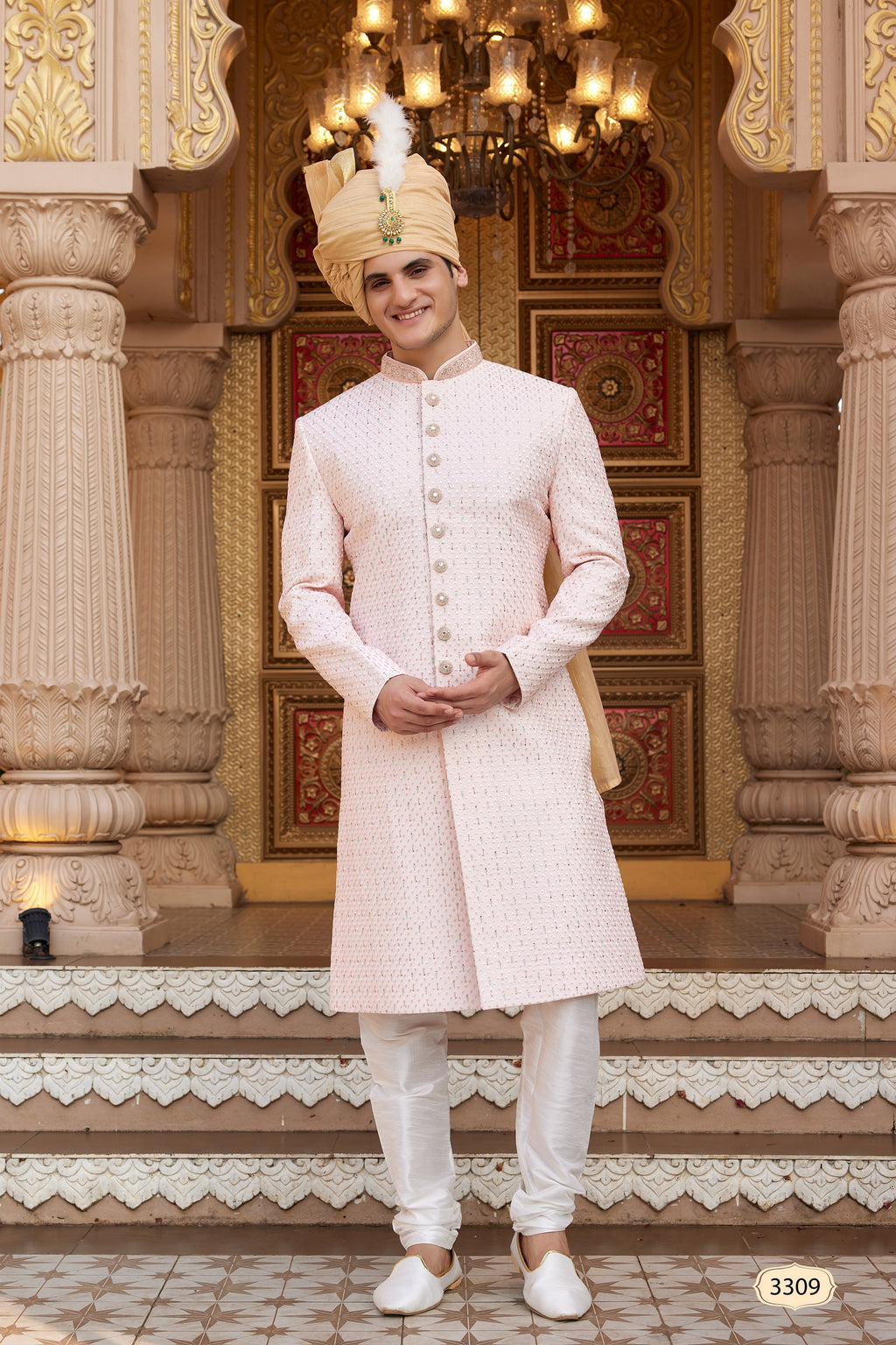 Light Pink Art Silk Traditional Sherwani Long Kurta & Pant for Men for Wedding - Embroidery Work