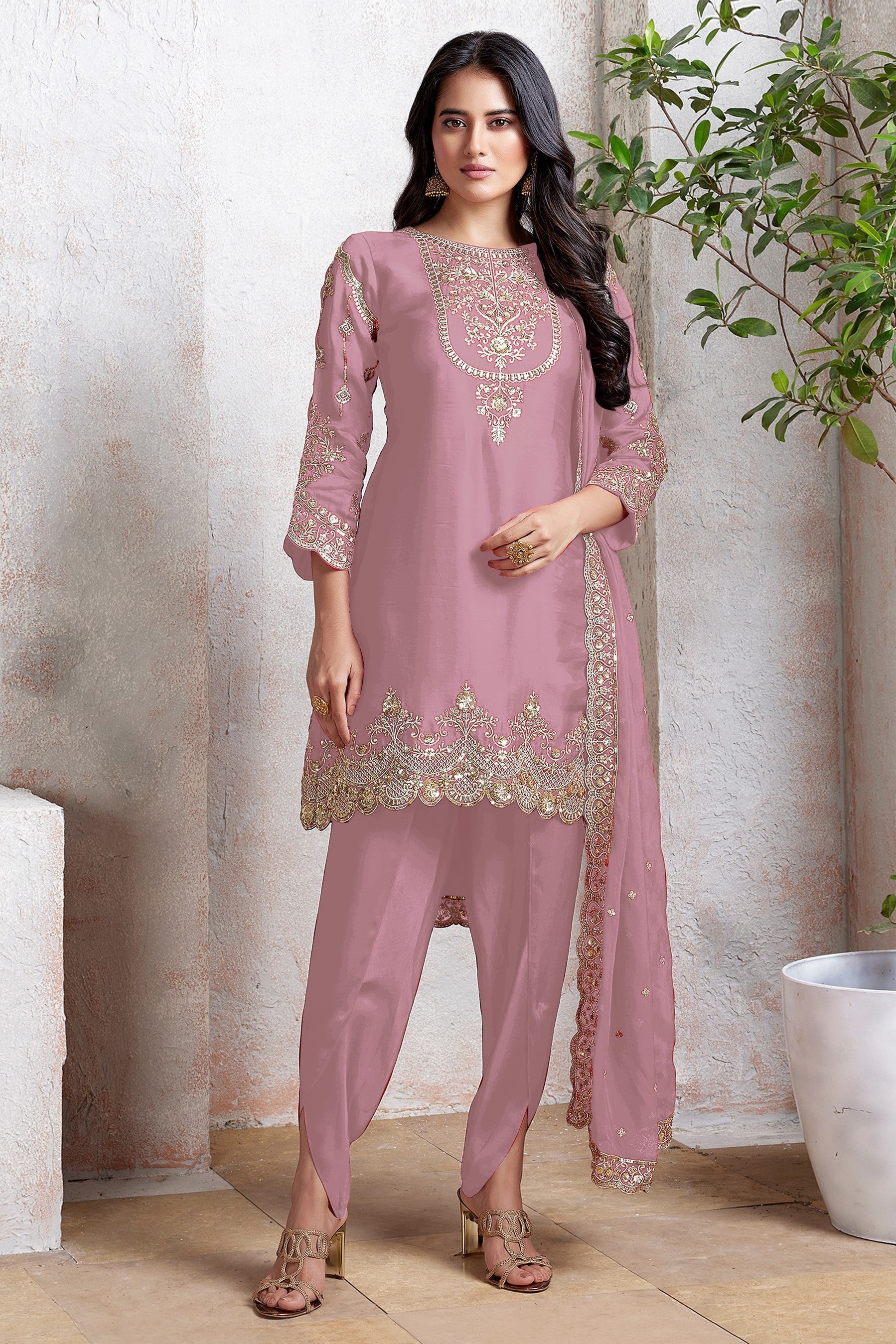 Light Pink Georgette Kameez With Dhoti Suit For Indian & Pakistani Wedding Festival - Thread & Sequence Embroidery