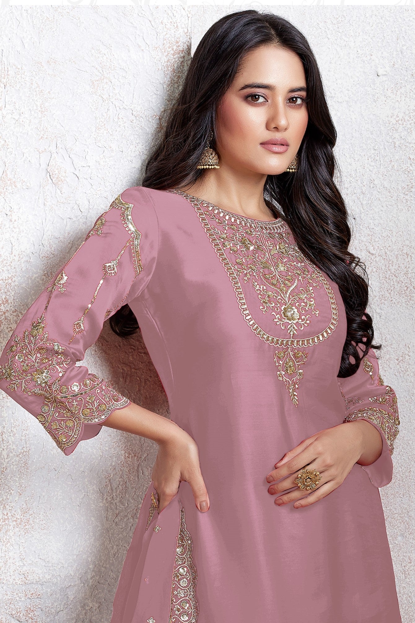 Light Pink Georgette Kameez With Dhoti Suit For Indian & Pakistani Wedding Festival - Thread & Sequence Embroidery