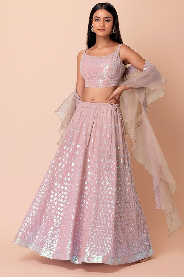 Light Pink Georgette Lehenga Choli For Indian Festivals & Pakistani Weddings Dress - Sequence Embroidery Work, Zari Work