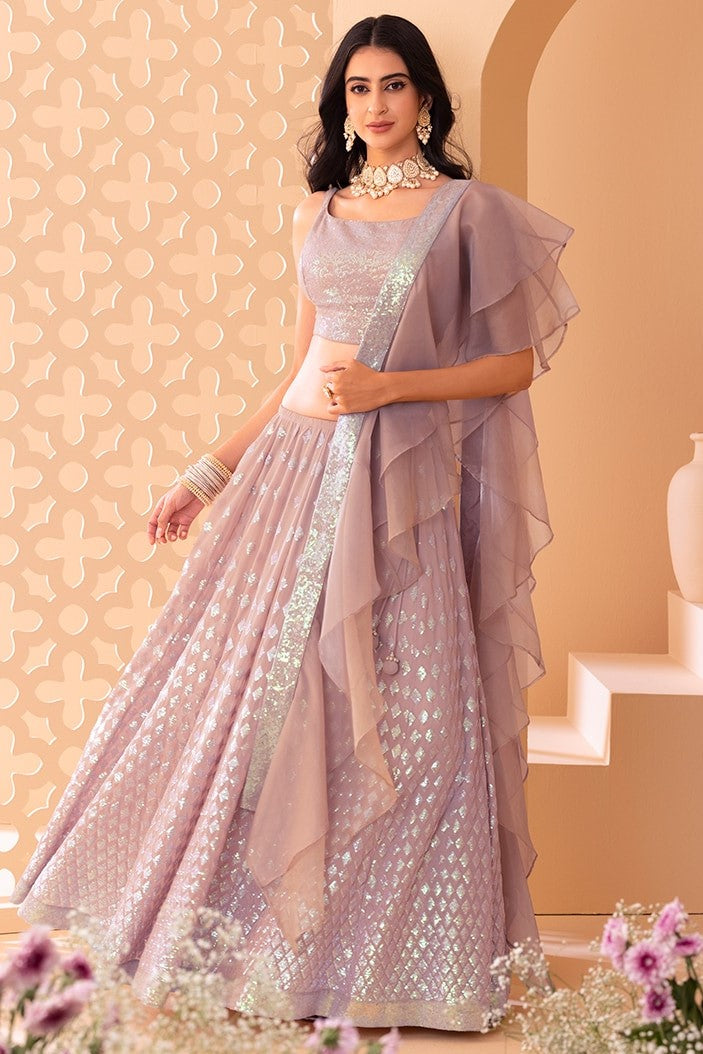 Light Pink Georgette Lehenga Choli For Indian Festivals & Pakistani Weddings Dress - Sequence Embroidery Work, Zari Work