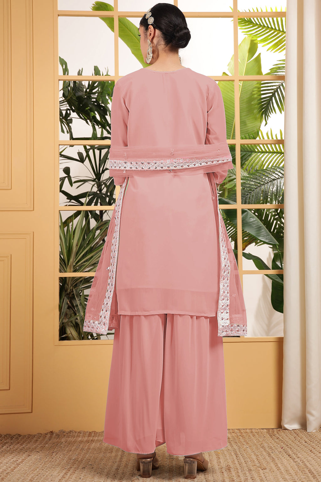 Peach Georgette Palazzo Suit For Indian & Pakistani Wedding Festival - Embroidery Work