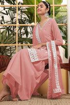Peach Georgette Palazzo Suit For Indian & Pakistani Wedding Festival - Embroidery Work