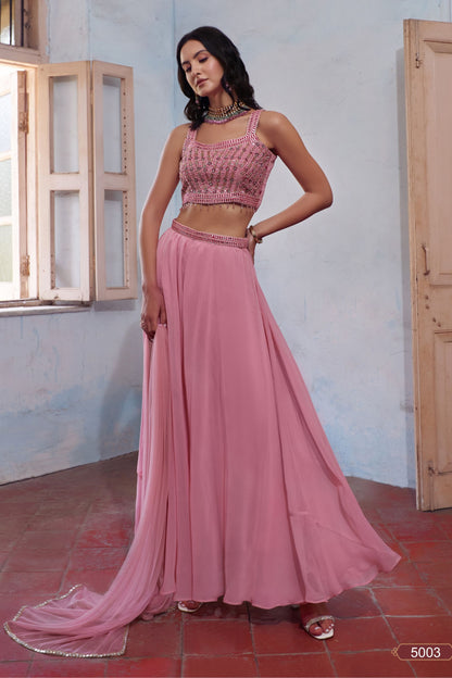 Light Pink Georgette Sharara Choli For Indian Festivals & Weddings - Thread Embroidery Work, Hand Embellishment, Mirror Work