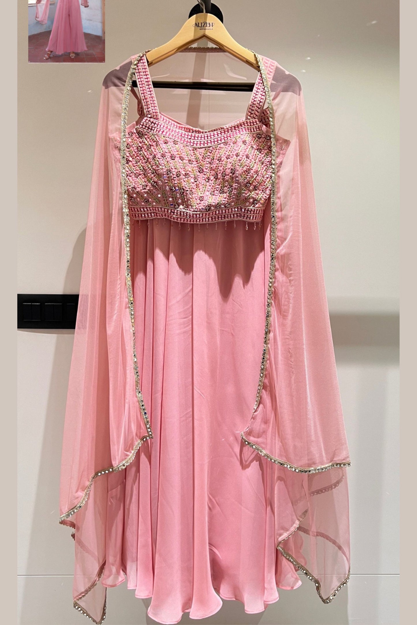 Light Pink Georgette Sharara Choli For Indian Festivals & Weddings - Thread Embroidery Work, Hand Embellishment, Mirror Work