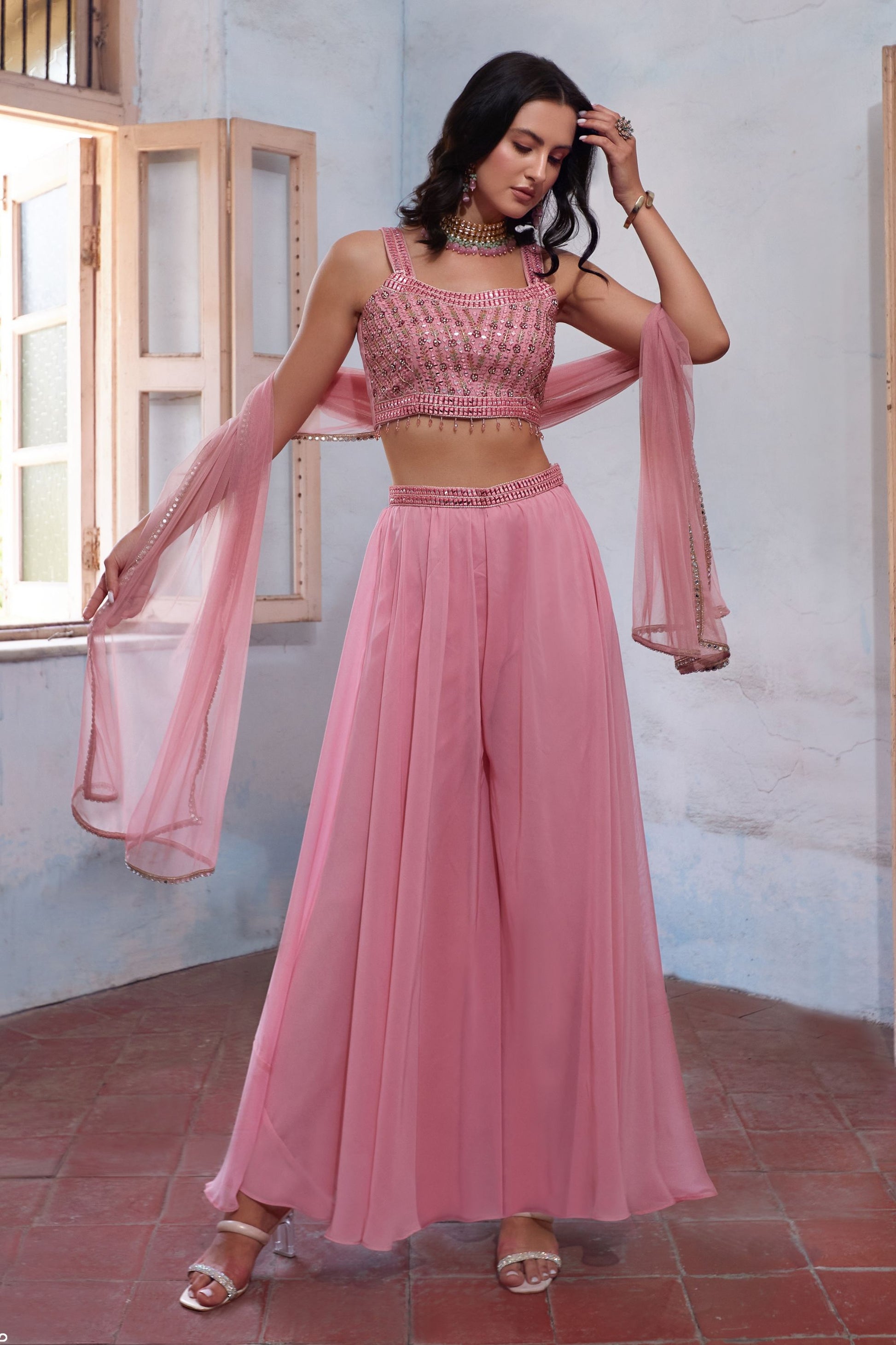 Light Pink Georgette Sharara Choli For Indian Festivals & Weddings - Thread Embroidery Work, Hand Embellishment, Mirror Work