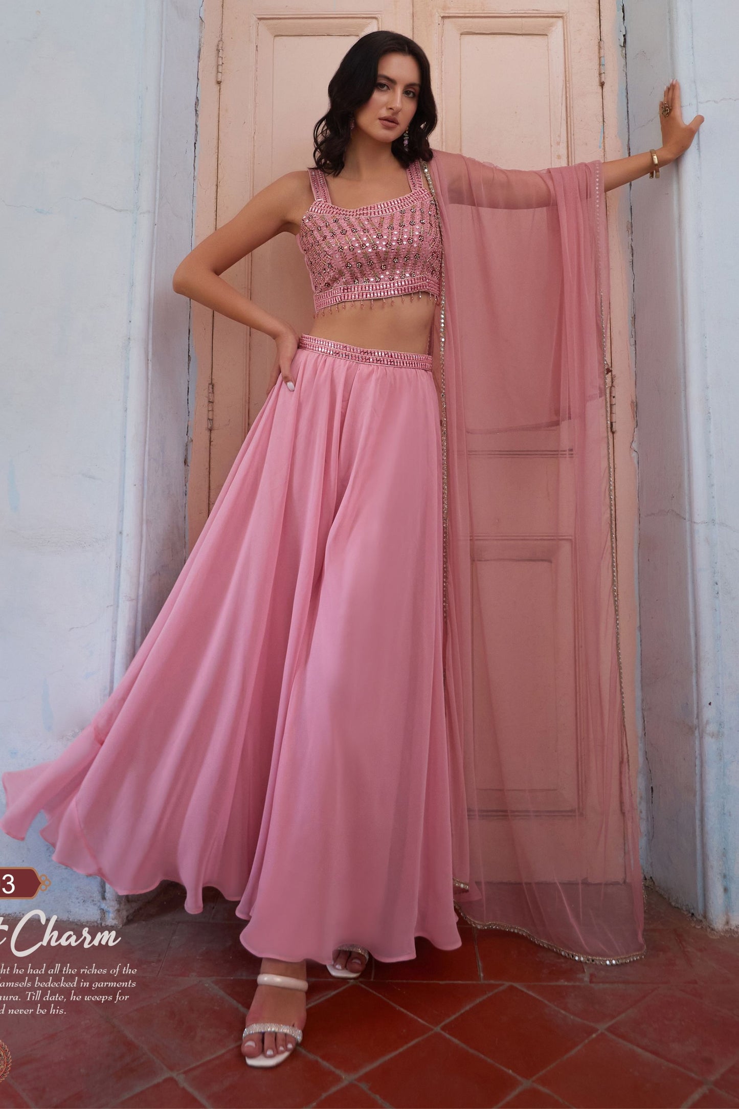 Light Pink Georgette Sharara Choli For Indian Festivals & Weddings - Thread Embroidery Work, Hand Embellishment, Mirror Work