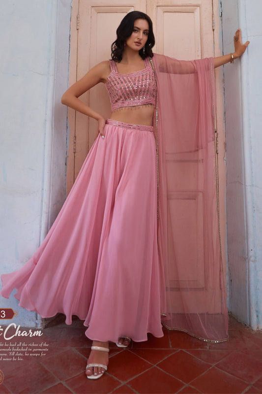 Light Pink Georgette Sharara Choli For Indian Festivals & Weddings - Thread Embroidery Work, Hand Embellishment, Mirror Work