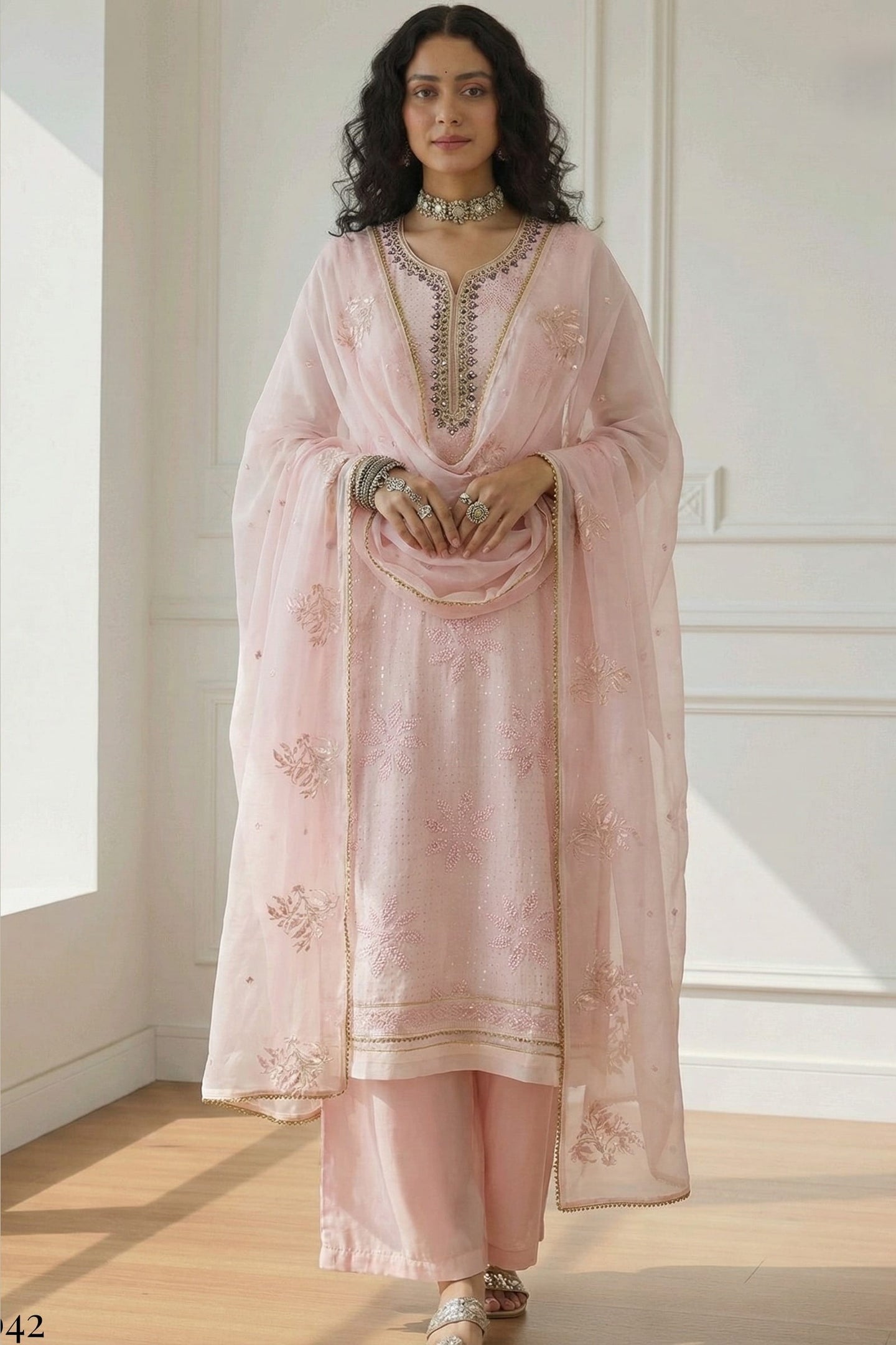 Light Pink Georgette Kameez With Pant For Indian & Pakistani Wedding Festival - Sequins & Thread Embroidery Work, Khatli Work