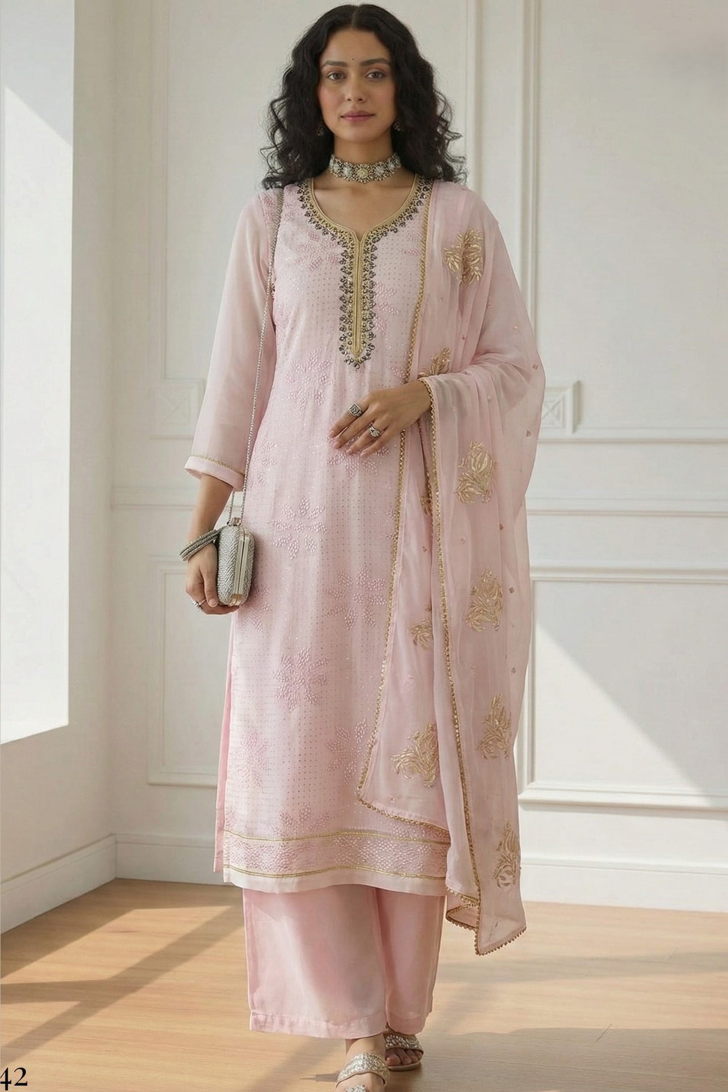 Light Pink Georgette Kameez With Pant For Indian & Pakistani Wedding Festival - Sequins & Thread Embroidery Work, Khatli Work