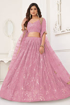 Pink Net Lengha Dress for Engagement with Mirror Work and Sequin Embroidery