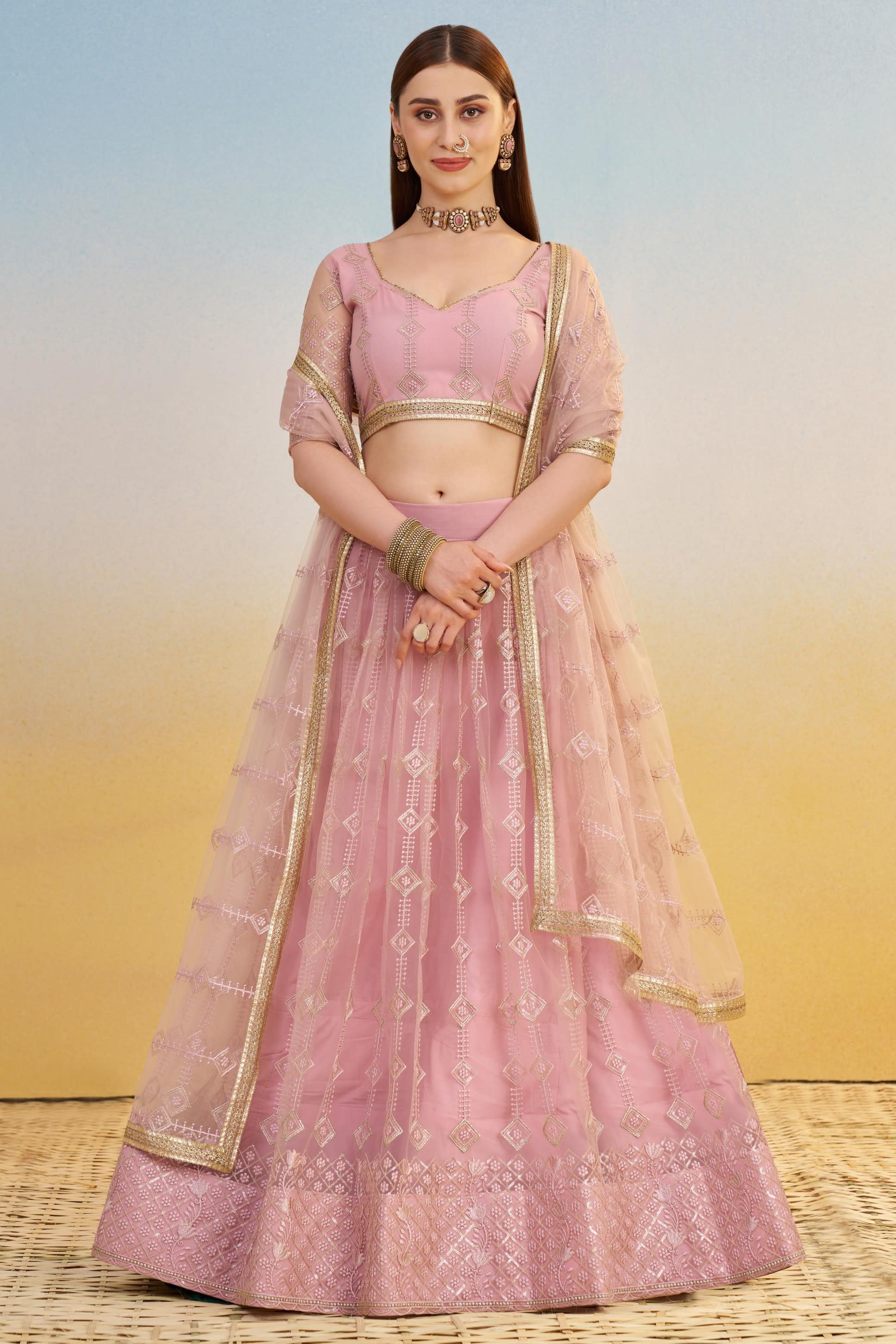 Light Pink Net Lehenga Choli For Indian & Pakistani Wedding Festival - Thread & Sequins Embroidery Work