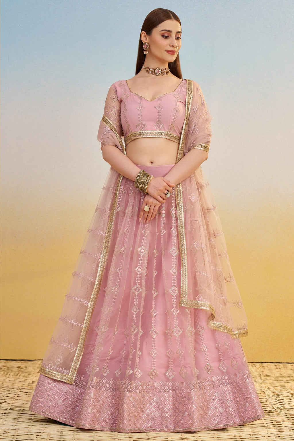 Light Pink Net Lehenga Choli For Indian & Pakistani Wedding Festival - Thread & Sequins Embroidery Work