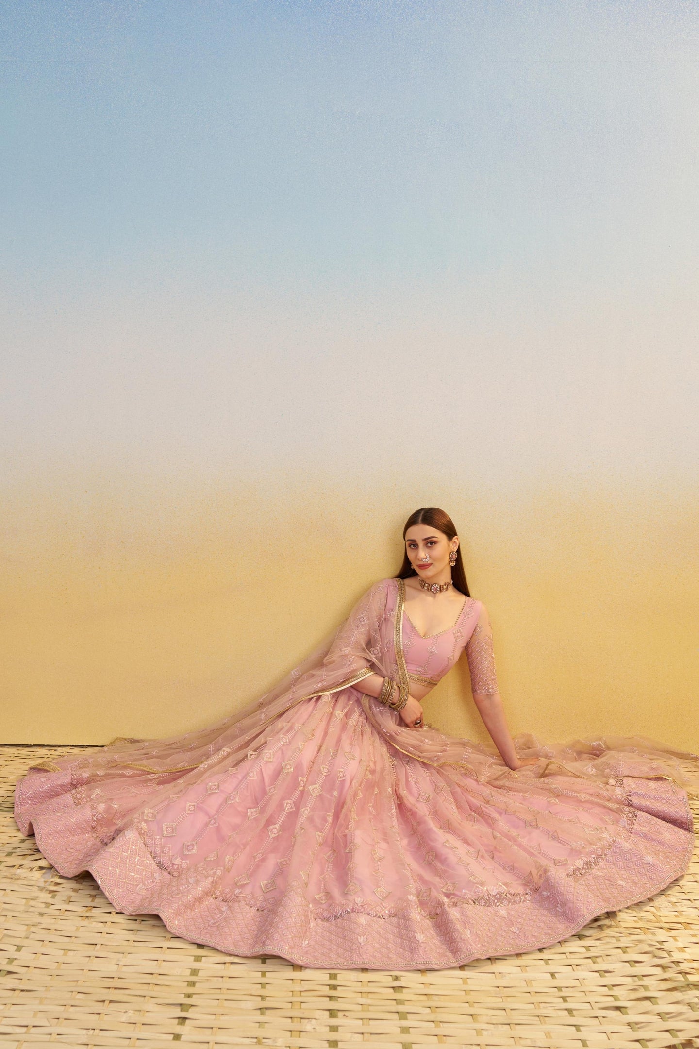Light Pink Net Lehenga Choli For Indian & Pakistani Wedding Festival - Thread & Sequins Embroidery Work