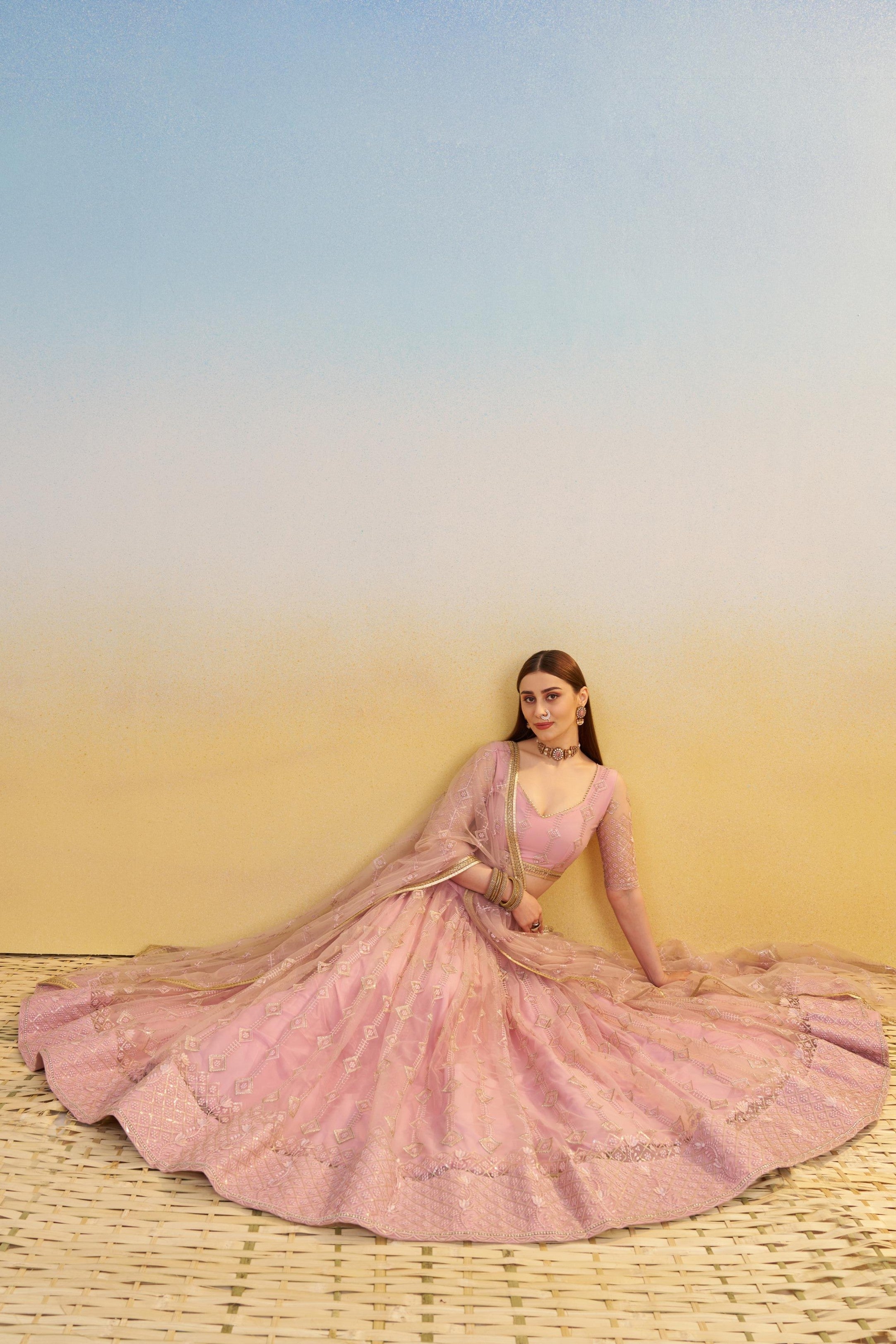 Light Pink Net Lehenga Choli For Indian & Pakistani Wedding Festival - Thread & Sequins Embroidery Work