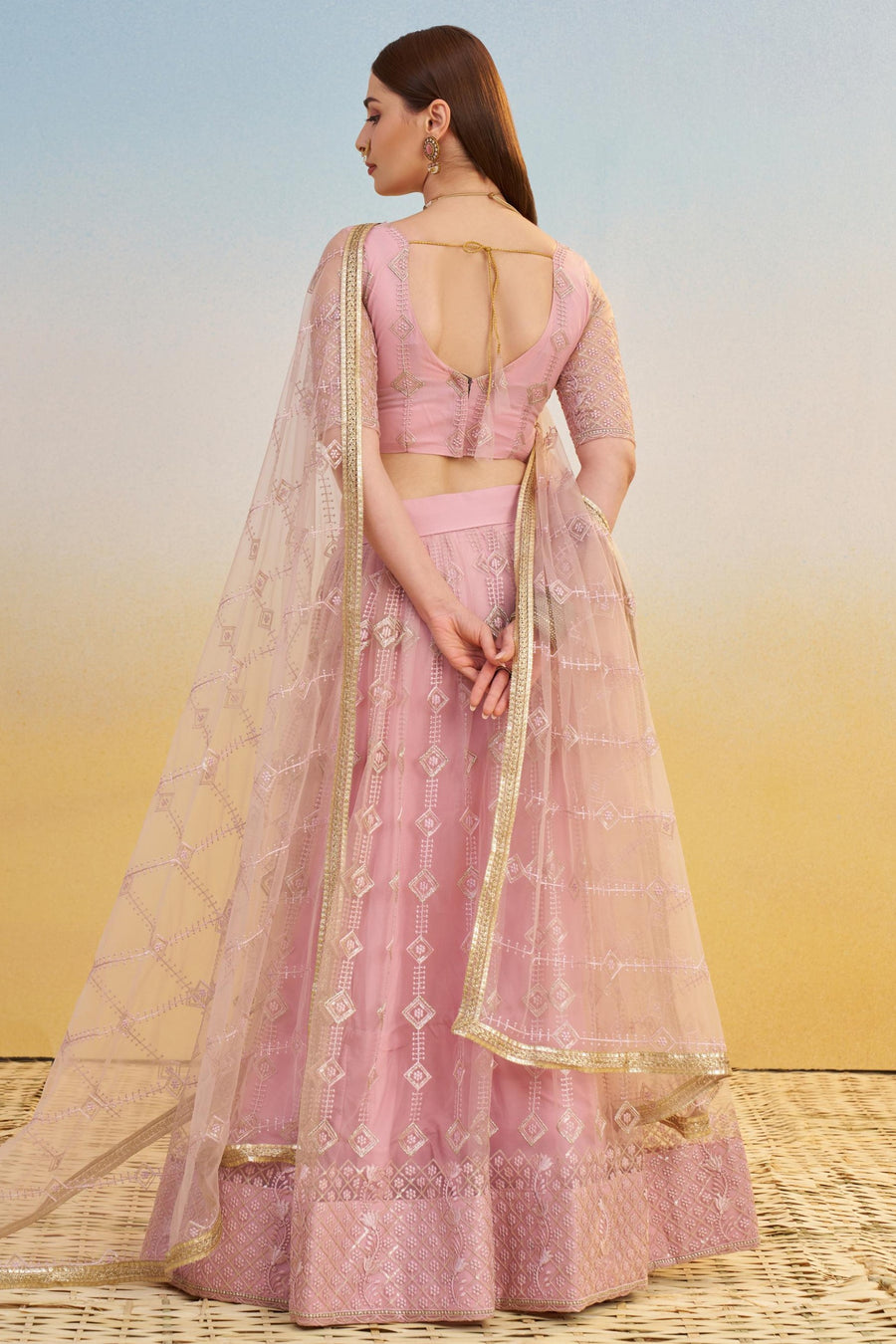 Light Pink Net Lehenga Choli For Indian & Pakistani Wedding Festival - Thread & Sequins Embroidery Work