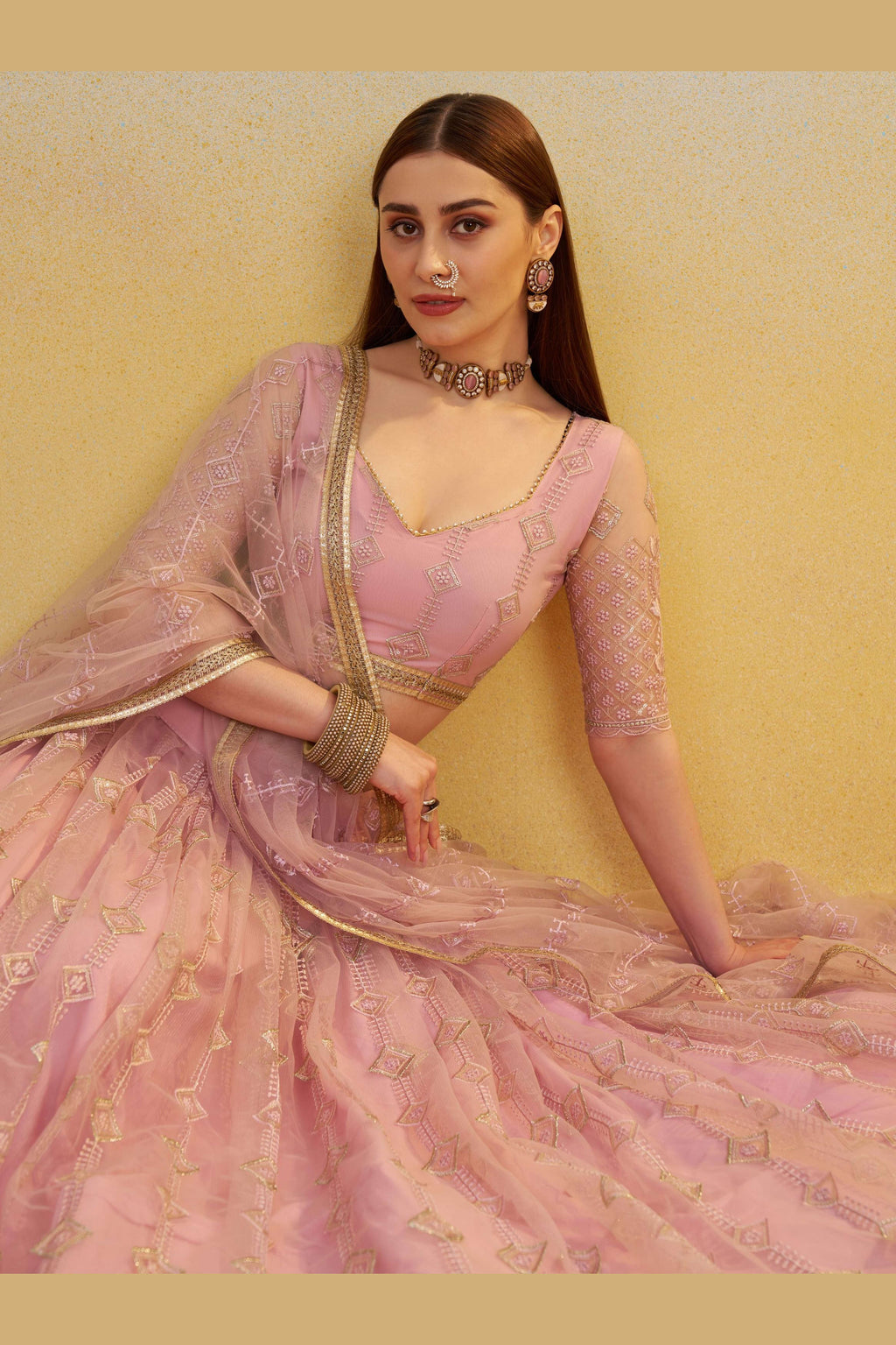 Light Pink Net Lehenga Choli For Indian & Pakistani Wedding Festival - Thread & Sequins Embroidery Work