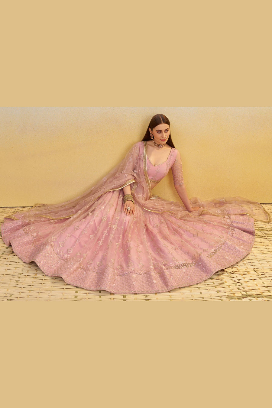 Light Pink Net Lehenga Choli For Indian & Pakistani Wedding Festival - Thread & Sequins Embroidery Work