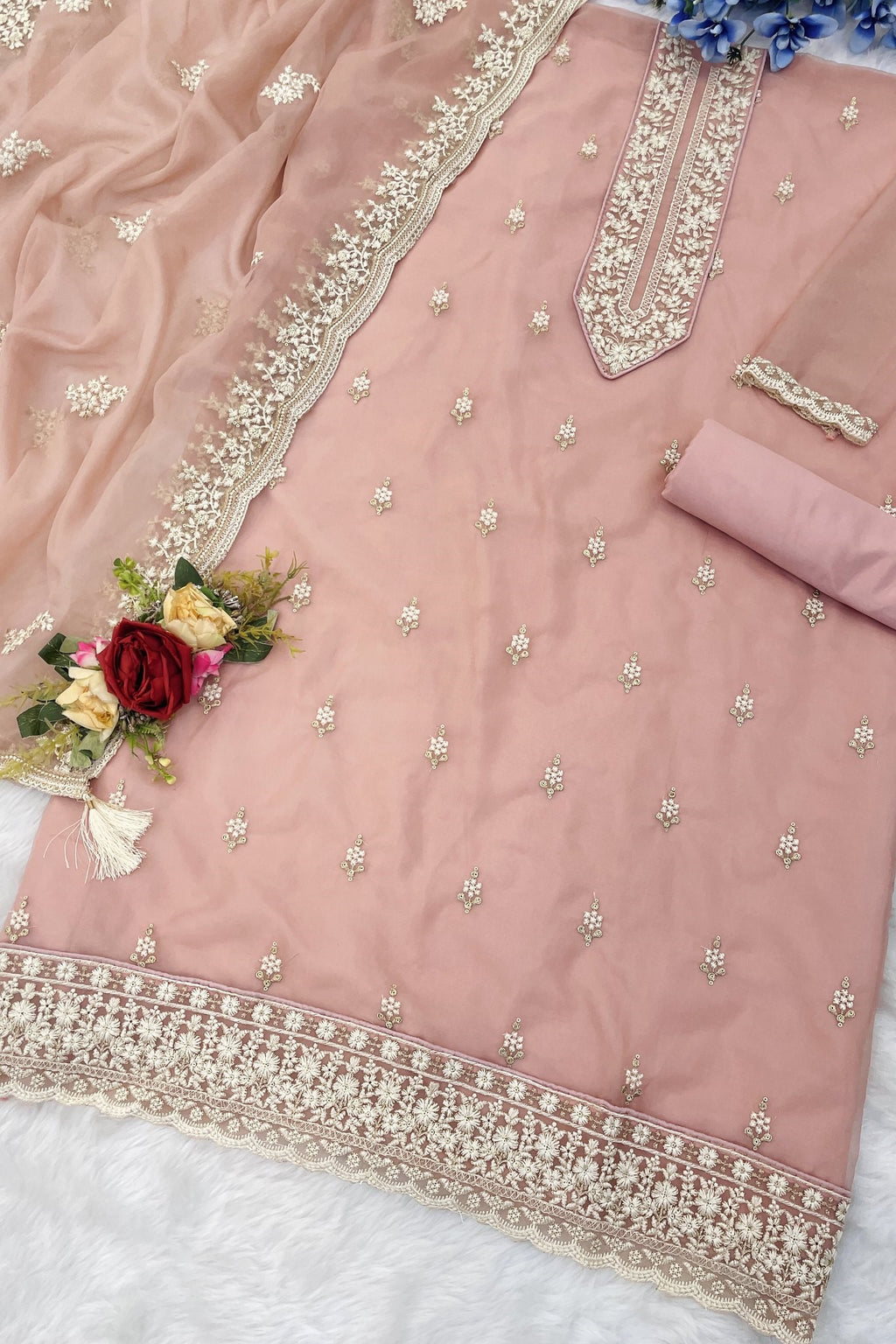 Light Pink Organza Silk Kameez With Pant For Indian & Pakistani Wedding Festival - Embroidery Work