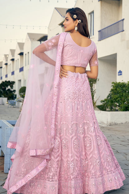 Light Pink Pakistani Net Lehenga Choli For Indian Festivals & Weddings - Thread Embroidery Work, Mirror Work