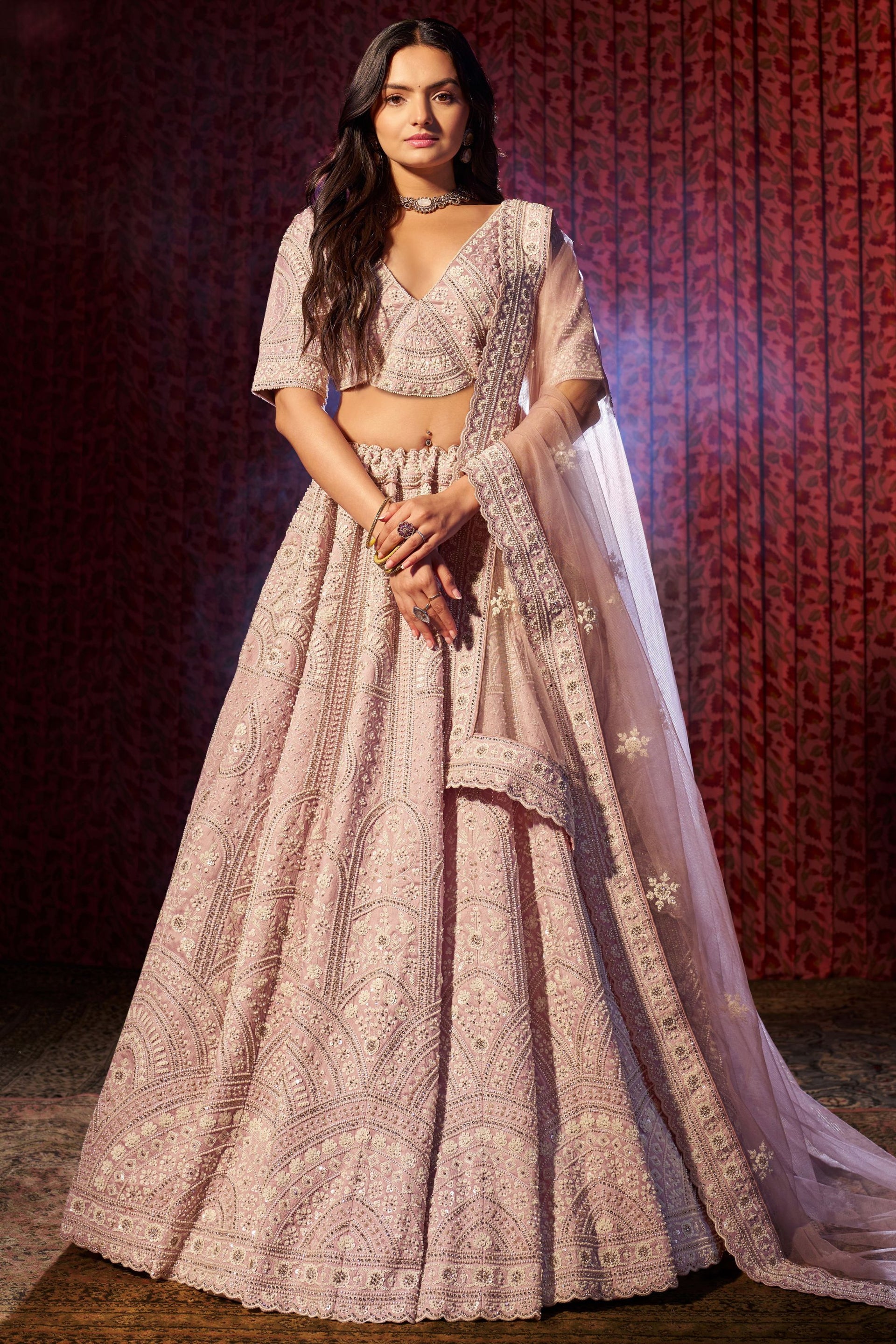 silk lehenga dress Light Pink Choli For Indian Festival & Weddings Examples of Business Casual Bell Sleeves wedding dress A twist on traditionthis Colour:BLACK AND WHITE POLKA