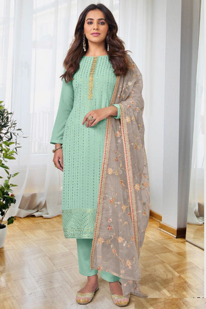 Light Pista Georgette with Chinon Silk Kameez with Pant For Indian Suit Festivals & Pakistani Weddings - Embroidery Work