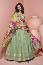 Light Pista Jacquard Silk Long Anarkali Suit For Indian Festivals & Pakistani Weddings Dress - Embroidery Work, Print Work