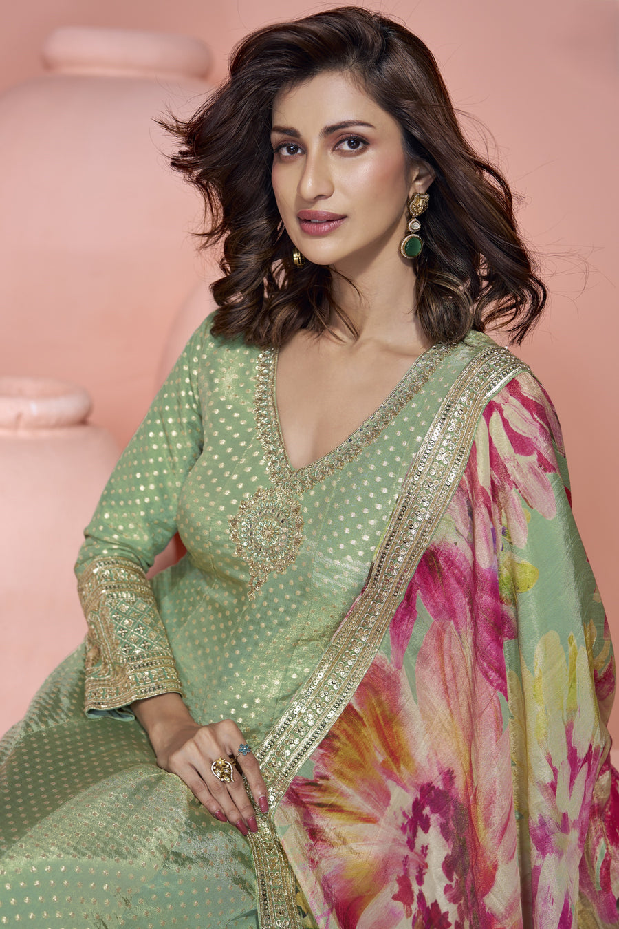 Light Pista Jacquard Silk Long Anarkali Suit For Indian Festivals & Pakistani Weddings Dress - Embroidery Work, Print Work