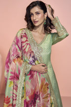 Light Pista Jacquard Silk Long Anarkali Suit For Indian Festivals & Pakistani Weddings Dress - Embroidery Work, Print Work