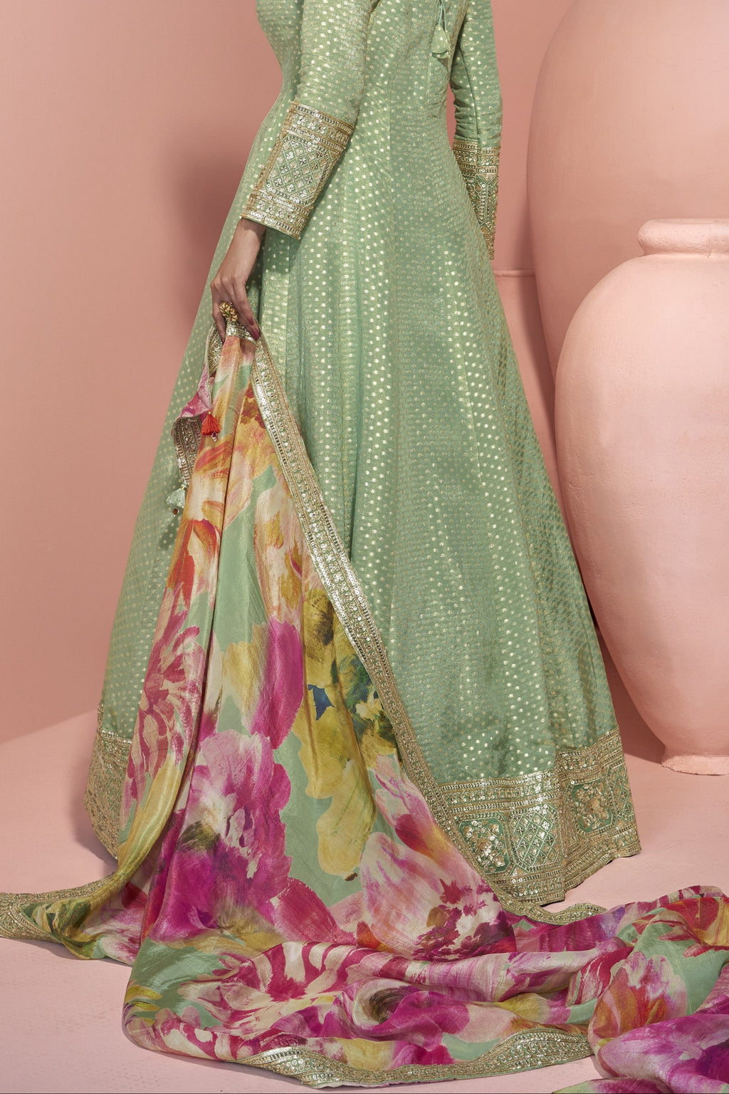 Light Pista Jacquard Silk Long Anarkali Suit For Indian Festivals & Pakistani Weddings Dress - Embroidery Work, Print Work