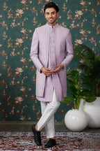 Light Purple Art Silk Traditional Sherwani Long Kurta & Pant for Men for Wedding - Embroidery Work, Bead Work