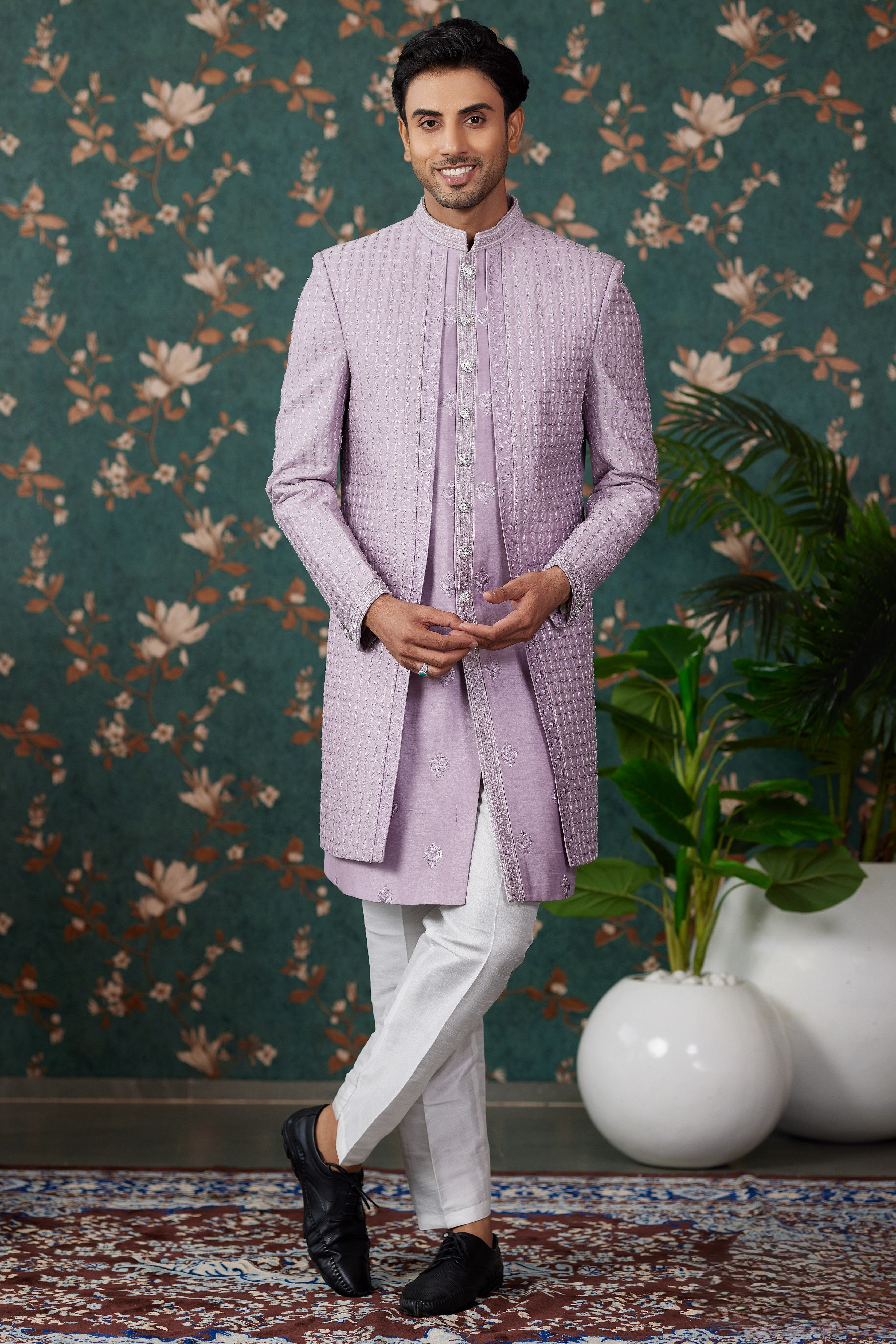 Light Purple Art Silk Traditional Sherwani Long Kurta & Pant for Men for Wedding - Embroidery Work, Bead Work